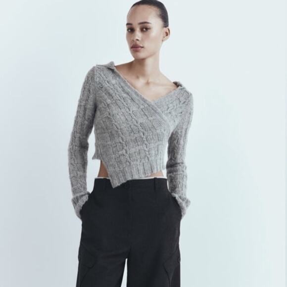 Zara Grey ASYMMETRIC HOODED KNIT SWEATER Size Small - Picture 1 of 9